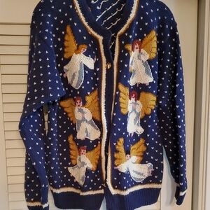 Orvis Navy and White Knit Sweater With Angels Size 18. Beautifully Made.